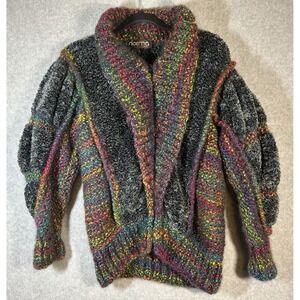 Norma Canada Womens Mohair Wool Acrylic Full Zip Sweater Sz S Chunky Puff Sleeve